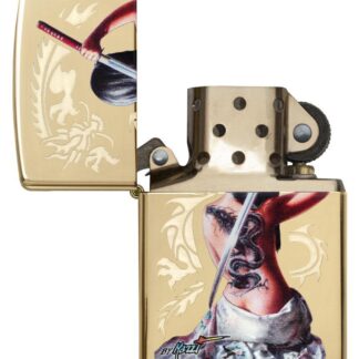 Mazzi Girl High Polish Brass Windproof Lighter with its lid open and unlit