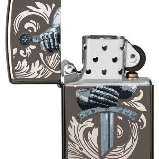 Knights Glove Design Black Ice Windproof Lighter with its lid open and not lit