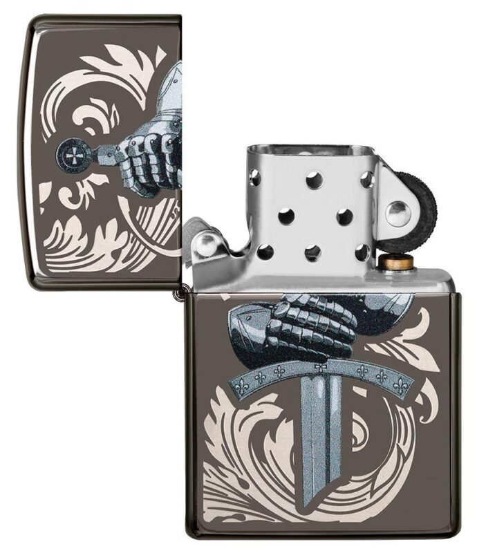 Knights Glove Design Black Ice Windproof Lighter with its lid open and not lit