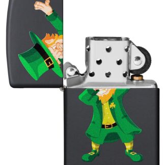 Dabbing Leprechaun Black Matte Windproof Lighter with its lid open and not lit