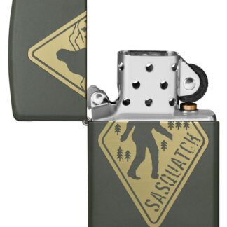 Sasquatch Crossing Windproof Lighter with its lid open and unlit