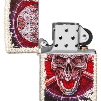 Skull Design Mercury Glass Windproof Lighter with its lid open and unlit