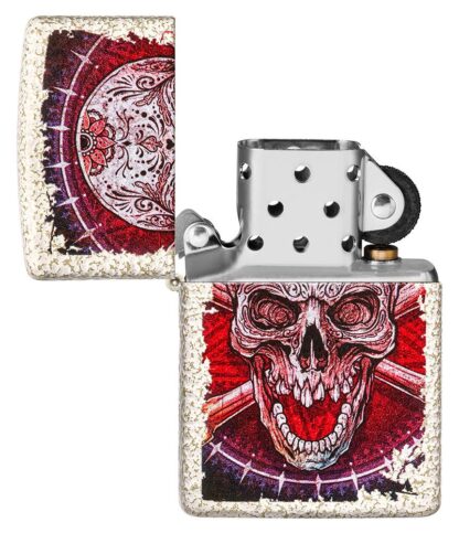 Skull Design Mercury Glass Windproof Lighter with its lid open and unlit