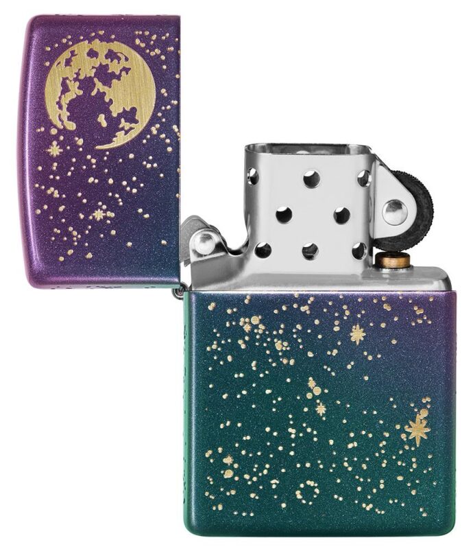 Starry Sky Design Iridescent Windproof Lighter with its lid open and unlit