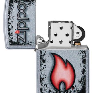 Zippo Flame Design Street Chromeâ„¢ Windproof Lighter with its lid open and unlit