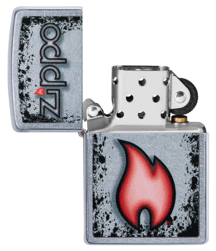 Zippo Flame Design Street Chromeâ„¢ Windproof Lighter with its lid open and unlit