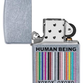 Human Being Design Street Chromeâ„¢ Windproof Lighter with its lid open and unlit