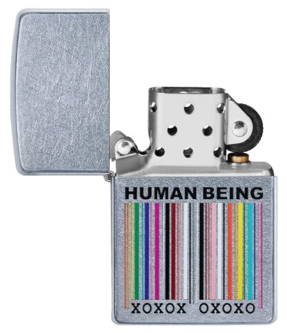 Human Being Design Street Chromeâ„¢ Windproof Lighter with its lid open and unlit