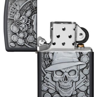 Gambling Skull Black Matte windproof lighter with its lid open and not lit