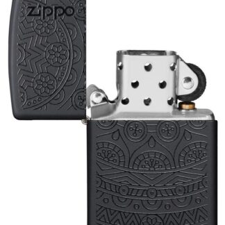 Tone on Tone Design Black Matte Windproof Lighter with its lid open and unlit