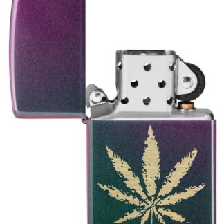 Iridescent Marijuana Leaf Windproof Lighter with its lid open and not lit