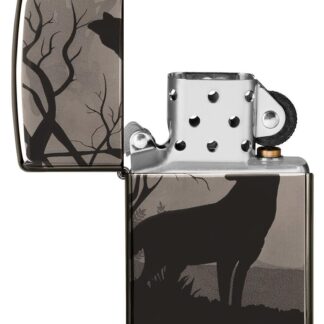 Wolves Design Photo Image 360Ã‚Â° Black Ice Windproof Lighter with its lid open and not lit