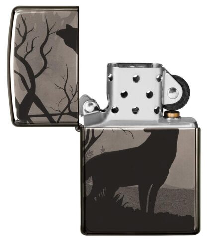 Wolves Design Photo Image 360Ã‚Â° Black Ice Windproof Lighter with its lid open and not lit