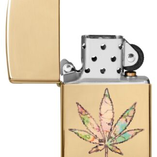 Pot Leaf Fusion Design Windproof Lighter with its lid open and lit