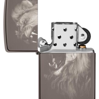 Lion Design Black IceÂ® Photo Image Windproof Lighter with its lid open and unlit