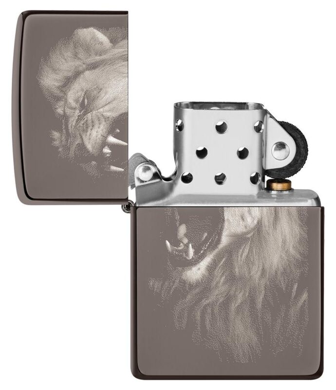 Lion Design Black IceÂ® Photo Image Windproof Lighter with its lid open and unlit