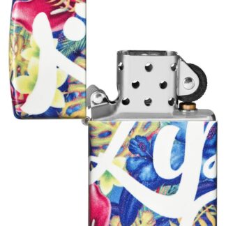 Zippo Floral Design 540 Color Windproof Lighter with its lid open and unlit