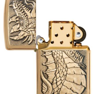 Dragon Emblem Design Brushed Brass Windproof Lighter with its lid open and unlit