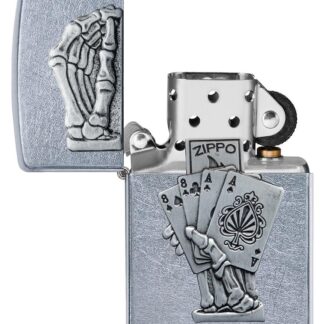 Dead Mans Hand Surprise Emblem Design Street Chromeâ„¢ Windproof Lighter with its lid open and unlit