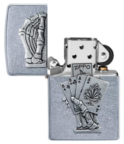 Dead Mans Hand Surprise Emblem Design Street Chromeâ„¢ Windproof Lighter with its lid open and unlit