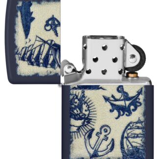 Nautical Design Navy Matte Windproof Lighter with its lid open and unlit.