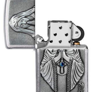 Anne Stokes Gothic Prayer Emblem Brushed Chrome Windproof Lighter with its lid open and unlit.