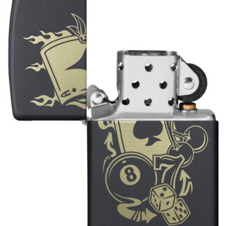 Gambling Design Windproof Lighter with its lid open and unlit