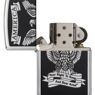 Black and White Americana High Polish Chrome Windproof Lighter - open and unlit