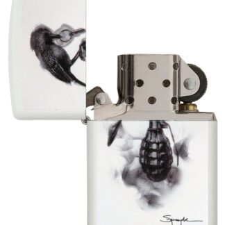 Steven Spazuk Art with Black Bird on Hand Grenade Windproof Lighter open and unlit.