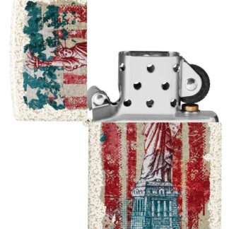 Statue of Liberty Design Mercury Glass Windproof Lighter with its lid open and unlit.