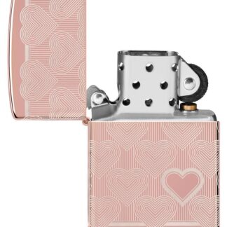 Heart Design High Polish Rose Gold Windproof Lighter with its lid open and unlit.