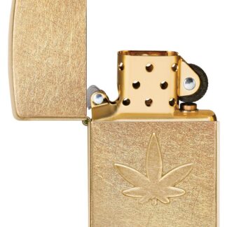 Cannabis Design Stamped Leaf Tumbled Brass Windproof Lighter with its lid open and unlit.