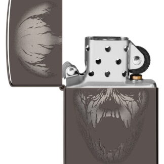 Screaming Monster Design Photo Image Black IceÂ® Windproof Lighter with its lid open and unlit.