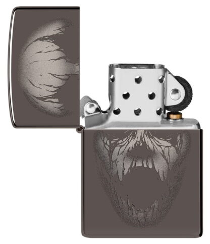 Screaming Monster Design Photo Image Black IceÂ® Windproof Lighter with its lid open and unlit.