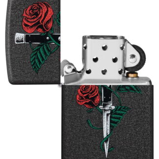 Rose Dagger Tattoo Design Black CrackleÂ® Windproof Lighter with its lid open and unlit.