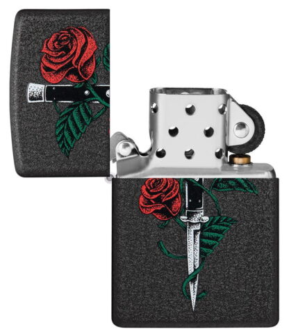 Rose Dagger Tattoo Design Black CrackleÂ® Windproof Lighter with its lid open and unlit.