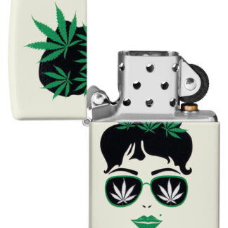 Zippo Cannabis Girl Design Glow In The Dark Pocket Lighter with its lid open and unlit.