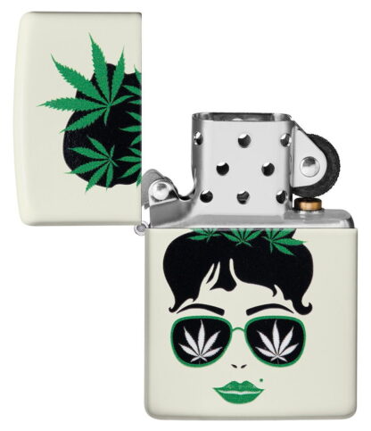 Zippo Cannabis Girl Design Glow In The Dark Pocket Lighter with its lid open and unlit.