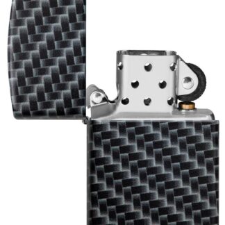 Carbon Fiber Design Windproof Lighter with its lid open and unlit