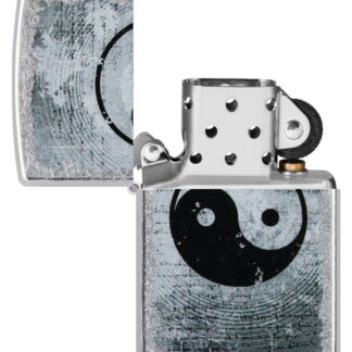 Yin Yang Design Street Chromeâ„¢ Windproof Lighter with its lid open and unlit.