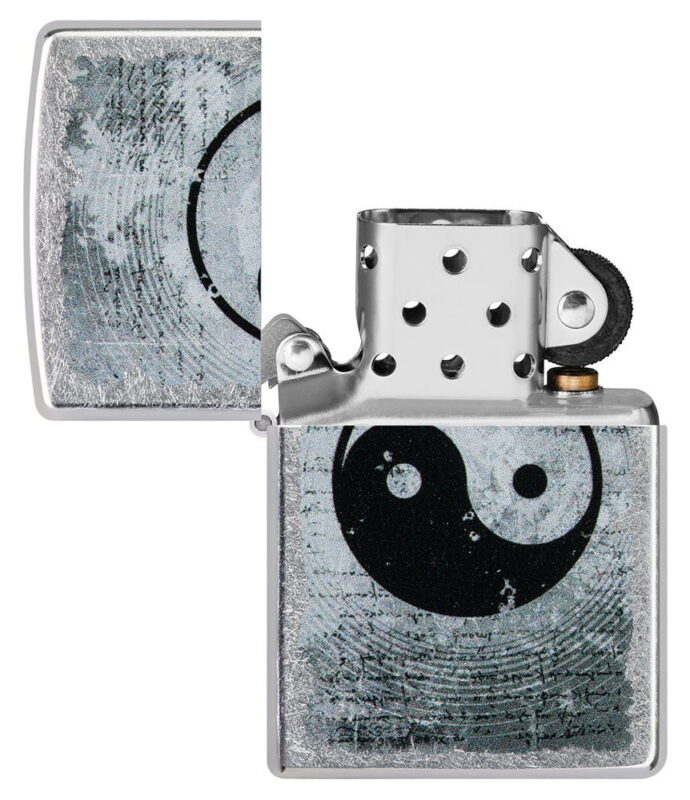 Yin Yang Design Street Chromeâ„¢ Windproof Lighter with its lid open and unlit.