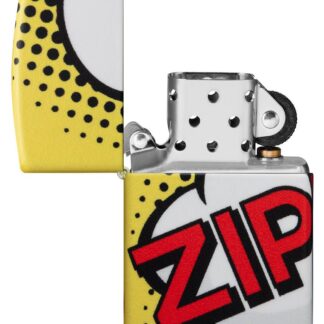 Zippo Pop Art Design 540 Color Windproof Lighter with its lid open and unlit