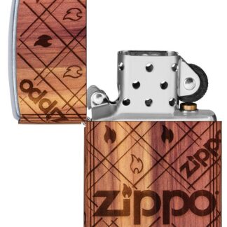 WOODCHUCK USA Zippo Cedar Wrap Windproof Lighter with its lid open and unlit