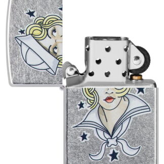 Sailor Girl Tattoo Design Street Chromeâ„¢ Windproof Lighter with its lid open and unlit.