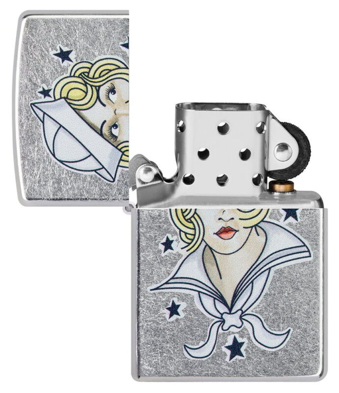 Sailor Girl Tattoo Design Street Chromeâ„¢ Windproof Lighter with its lid open and unlit.