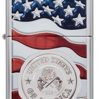 Front view of United States Stamp on American Flag Chrome Windproof Lighter