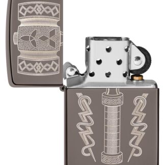 Thor's Hammer Design Black IceÂ® Windproof Lighter with its lid open and unlit