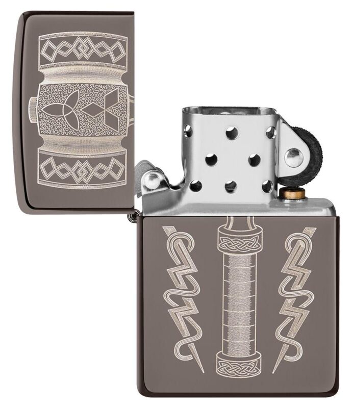 Thor's Hammer Design Black IceÂ® Windproof Lighter with its lid open and unlit