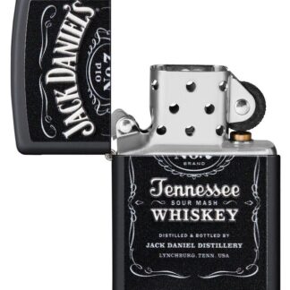 Jack Daniel'sÂ® Texture Print Black Matte Windproof Lighter with its lid open and unlit