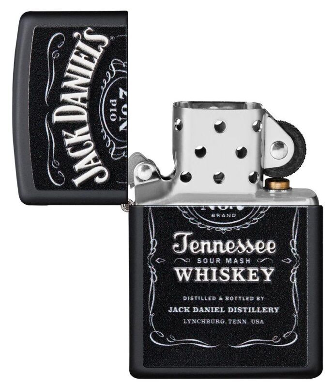 Jack Daniel'sÂ® Texture Print Black Matte Windproof Lighter with its lid open and unlit